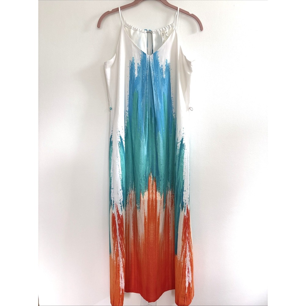 Pink Owl Apparel Abstract Brushstroke Halter Maxi Dress White Blue‎ Orange Small